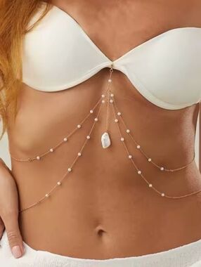 New Gold Beaded Body Chain With Pearl Accents And Baroque Peart Pendant • NWOT